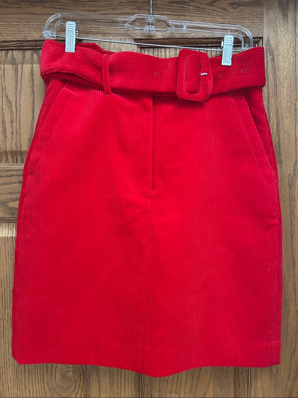 Sandro Paris Red Corduroy Belted Skirt